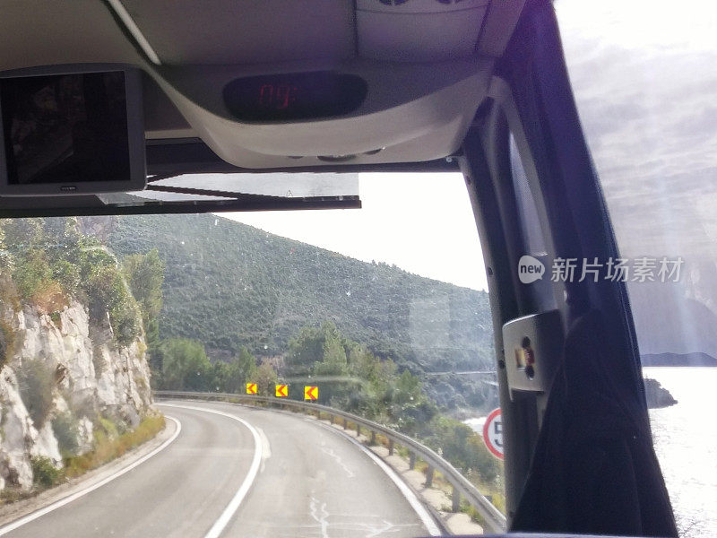 Bus Windshield View, Adriatic Sea, Tight Bend Curved Road, Cliff